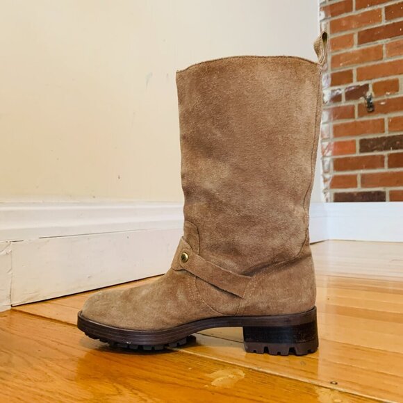 Ralph Lauren Motorcycle Boots Mid Calf Tan Suede Pull On Lug Soles - Picture 5 of 16